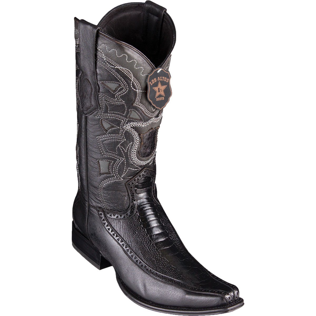 Western Genuine Ostrich Leg and Deer European Square Toe Boots Black Color - Los Altos Boots Side View