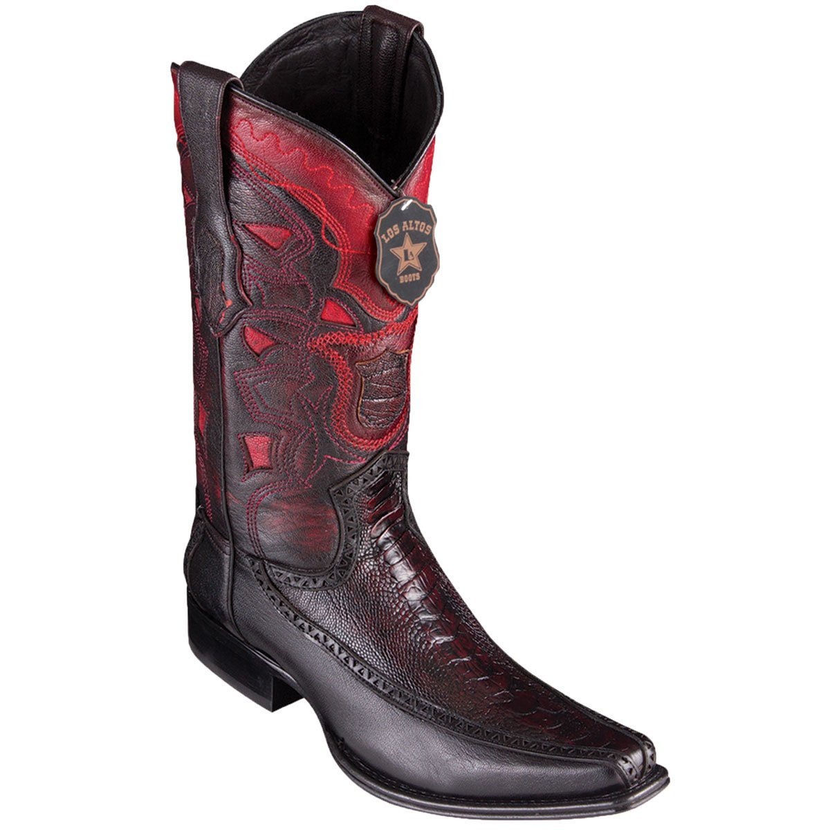 Western Genuine Ostrich Leg and Deer European SquareToe Boots Black Cherry Color - Los Altos Boots Side View