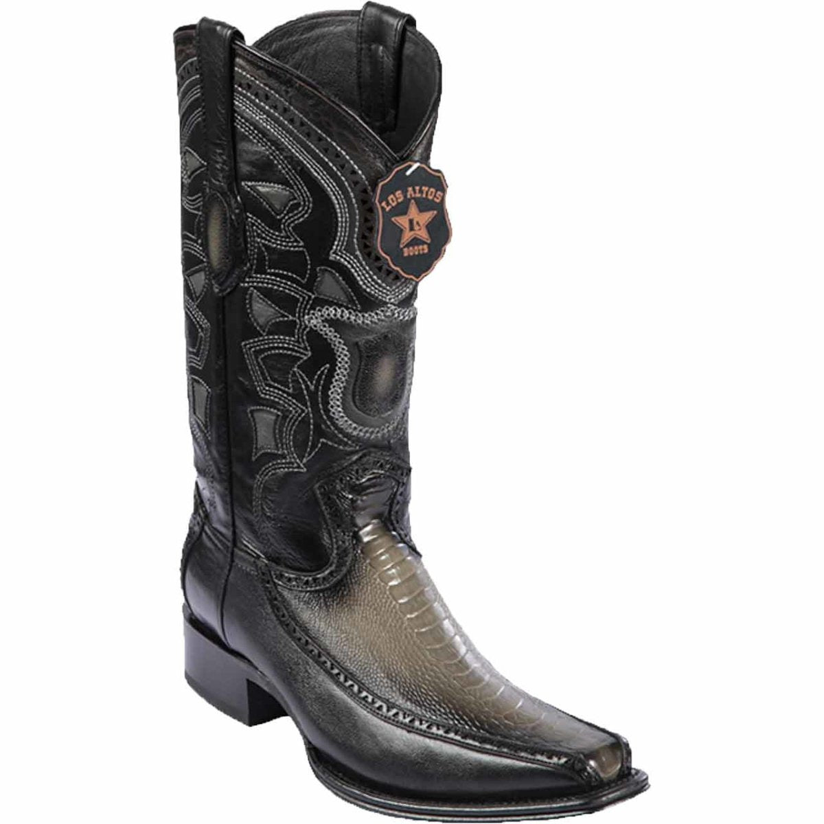 Western Genuine Ostrich Leg and Deer European Square Toe Boots Faded Gray Color - Los Altos Boots Side View