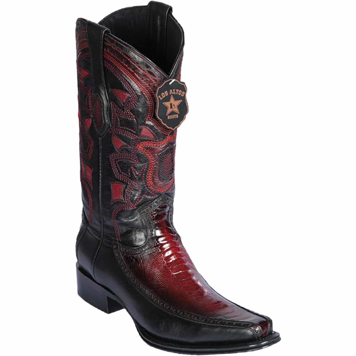 Western Genuine Ostrich Leg and Deer European Square Toe Boots Faded Burgundy Color - Los Altos Boots Side View