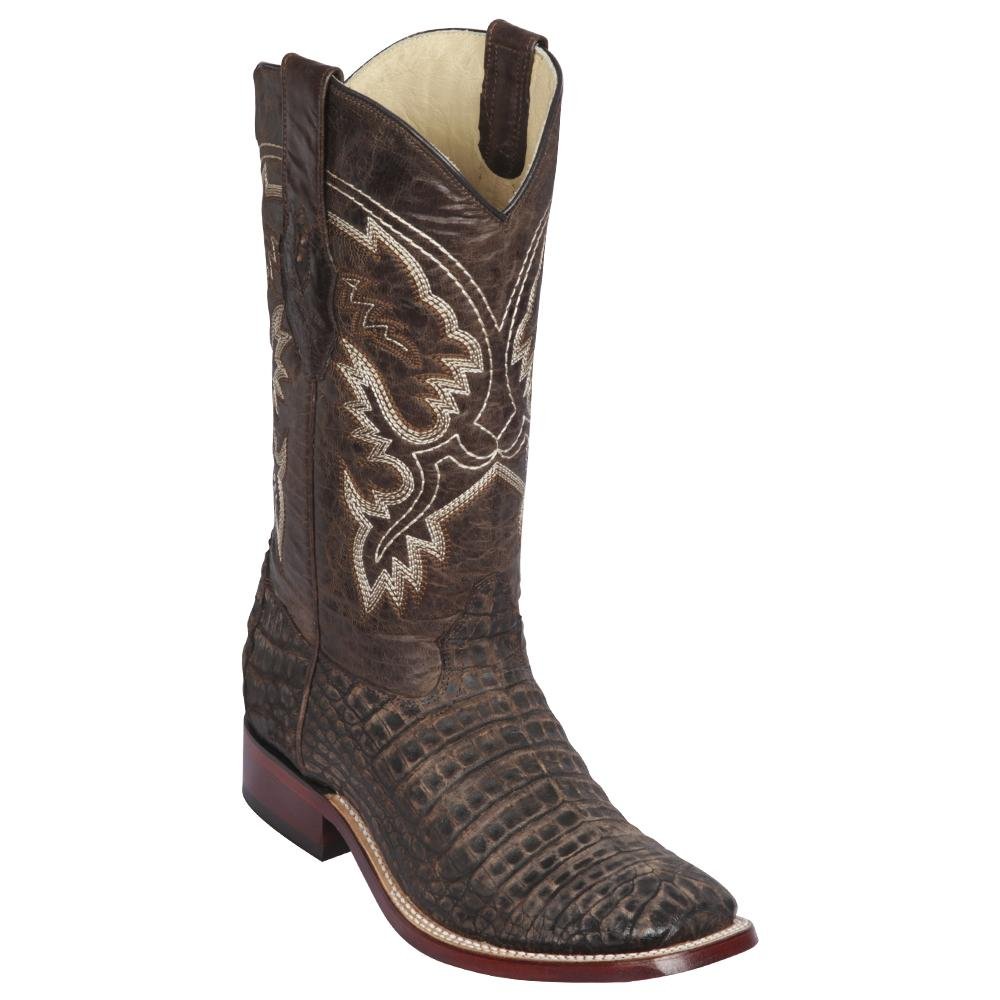 Western Genuine Caiman Belly Wide Square Toe Boots Sanded Brown Color - Los Altos Boots Side View
