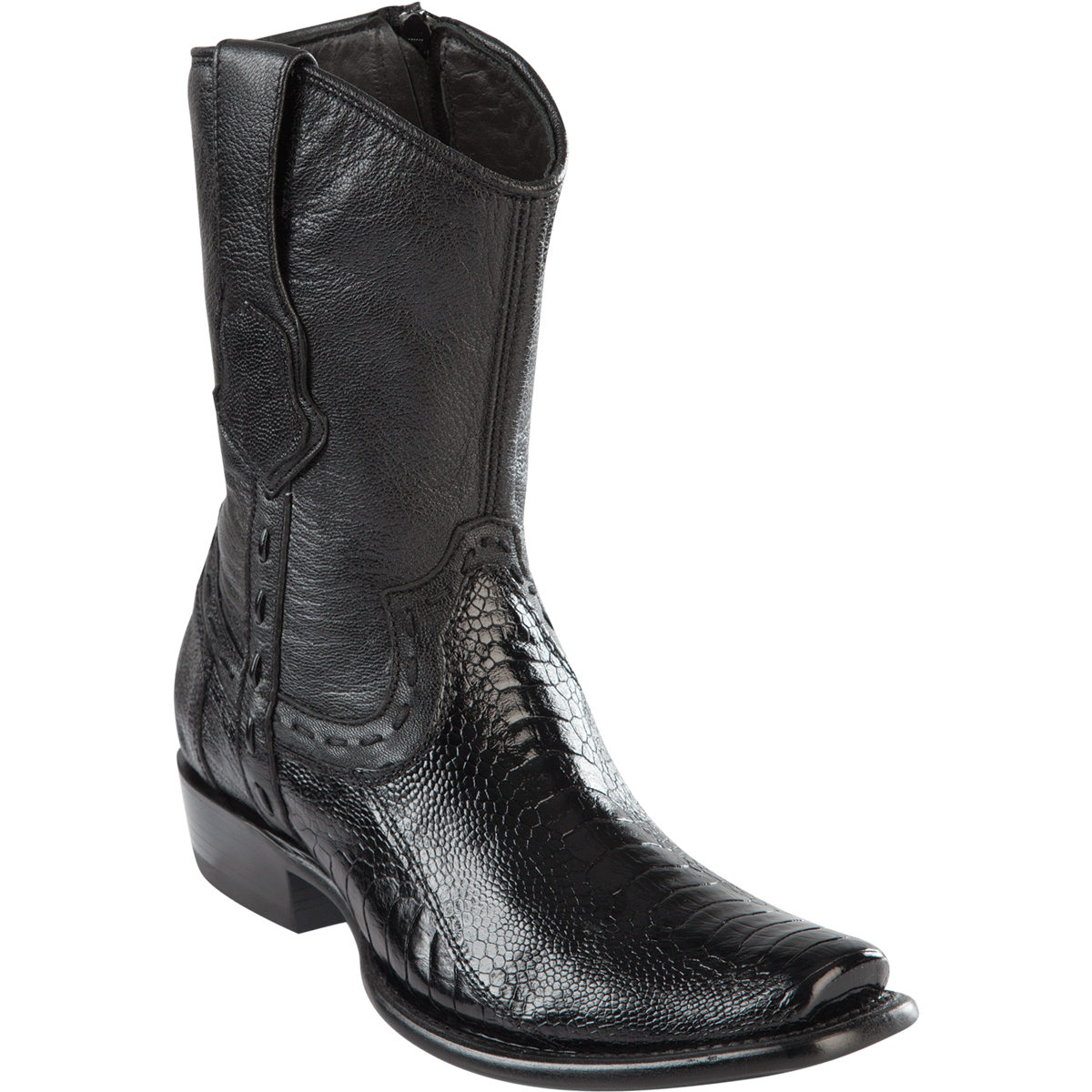 Western Genuine Ostrich Leg Dubai Square Toe Short Boots Black Color - Wild West Boots - Side View