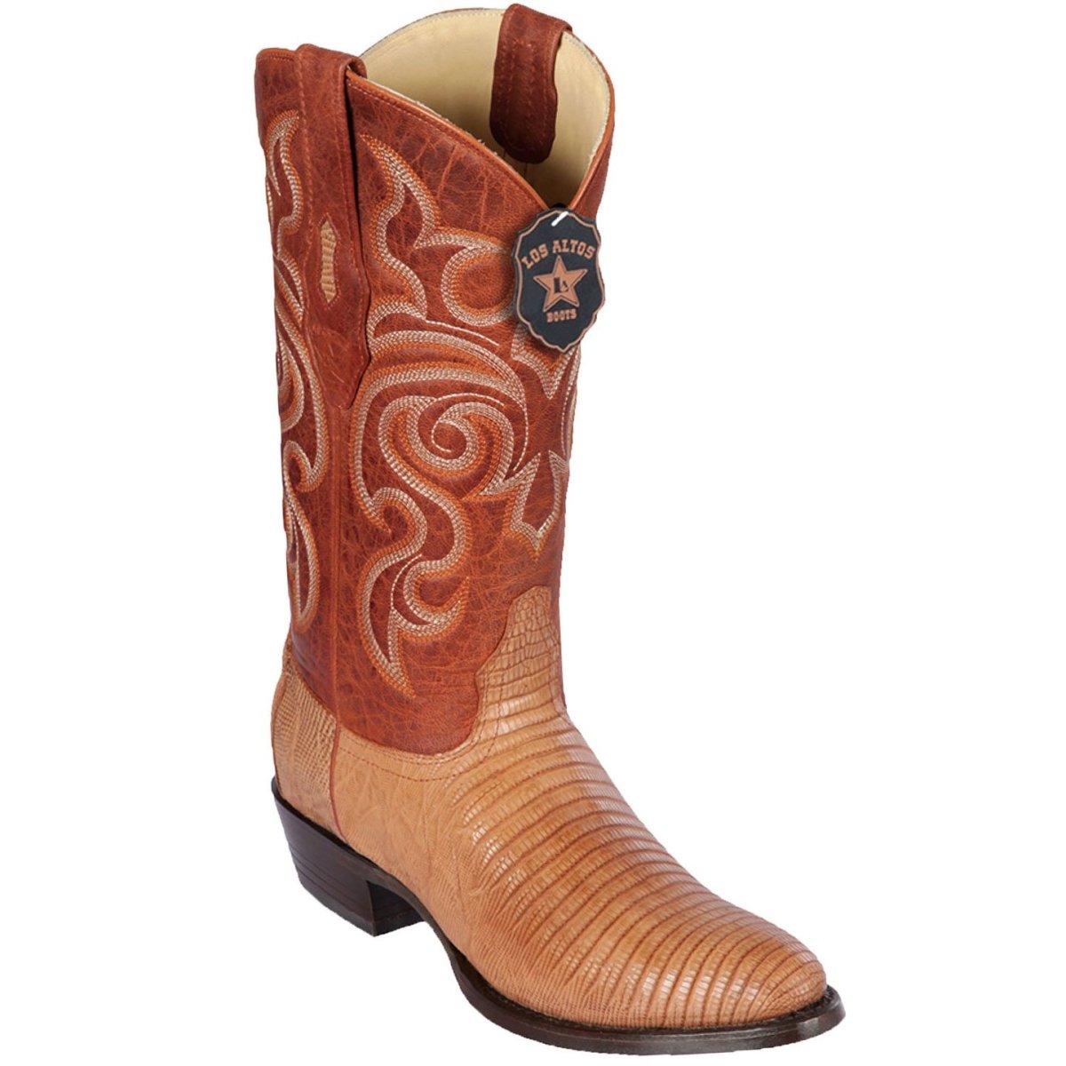 Western Genuine Lizard Teju Boots Greasy Finish Round Toe Cognac Color - Los Altos Boots side view