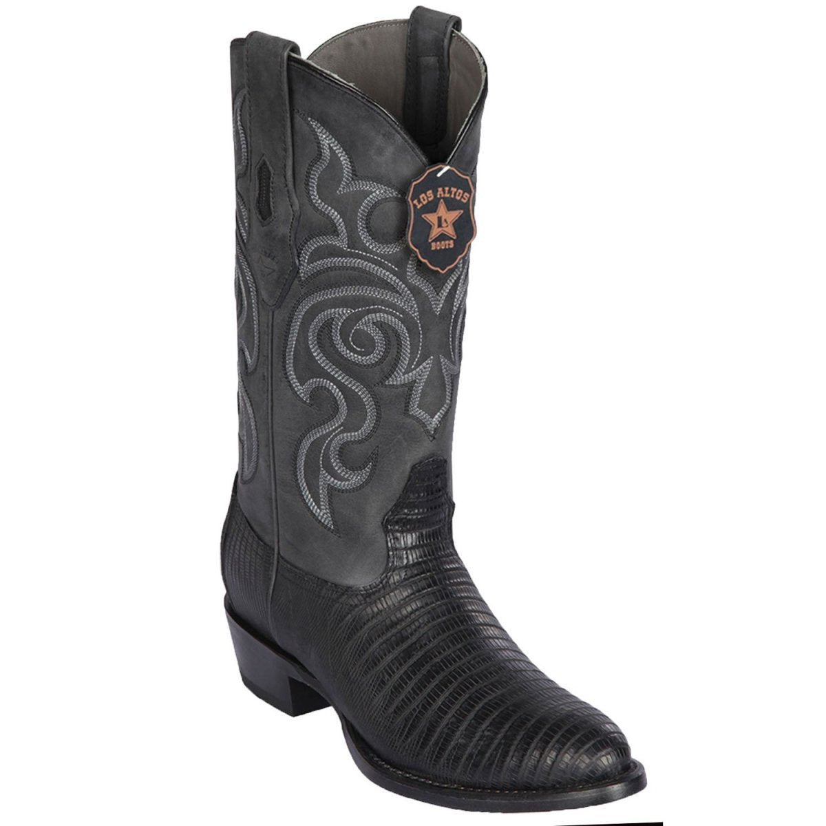 Western Genuine Lizard Teju Boots Greasy Finish Round Toe Black Color - Los Altos Boots side view