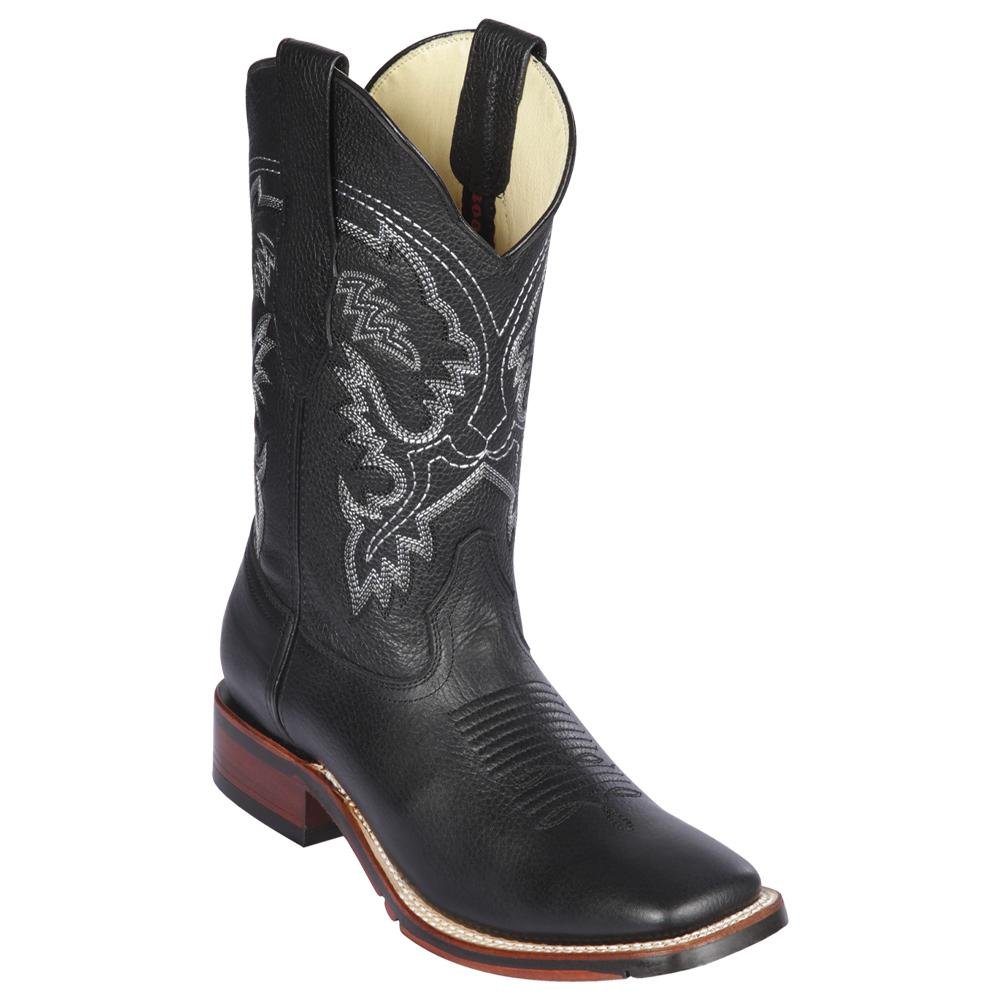 Western Genuine Leather Wide Square Toe Boots Black Color - Los Altos Boots Side View