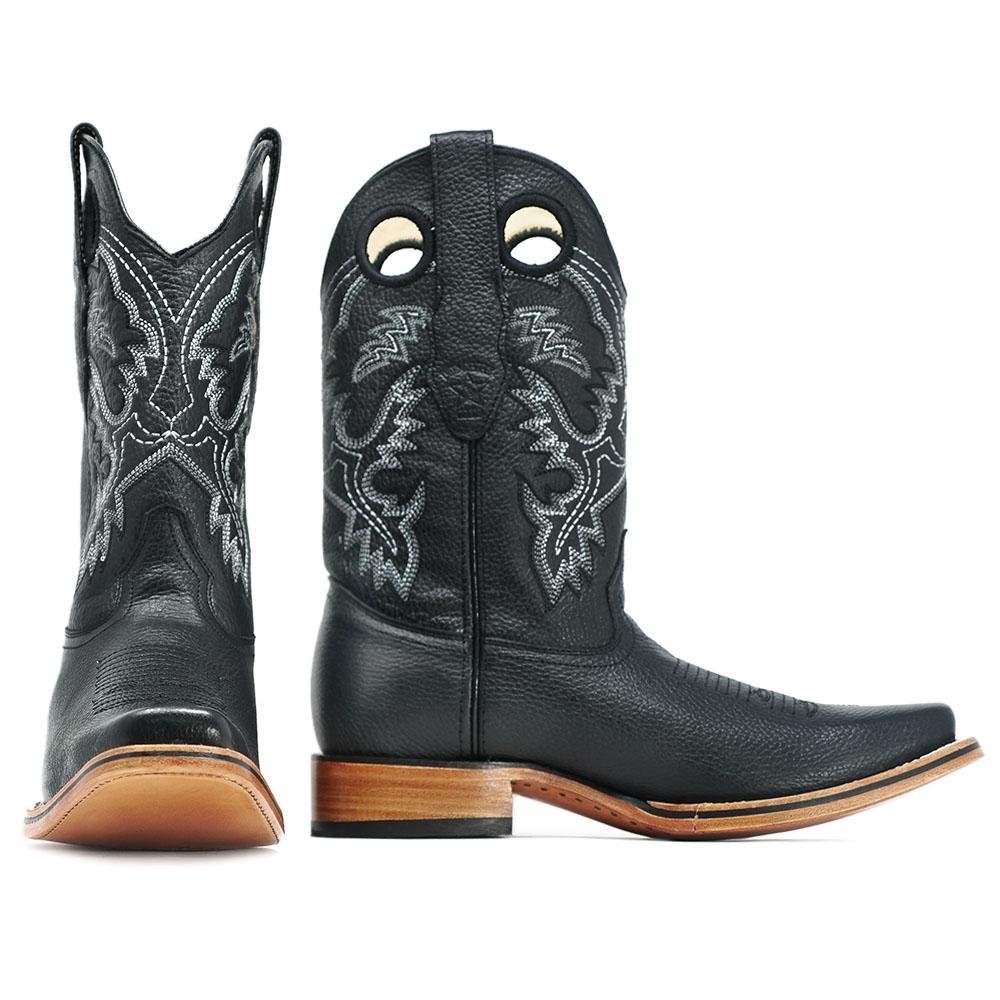 Western Genuine Leather Square Wide Toe Rodeo Boots Black Color – Los Altos Boots – Pair View