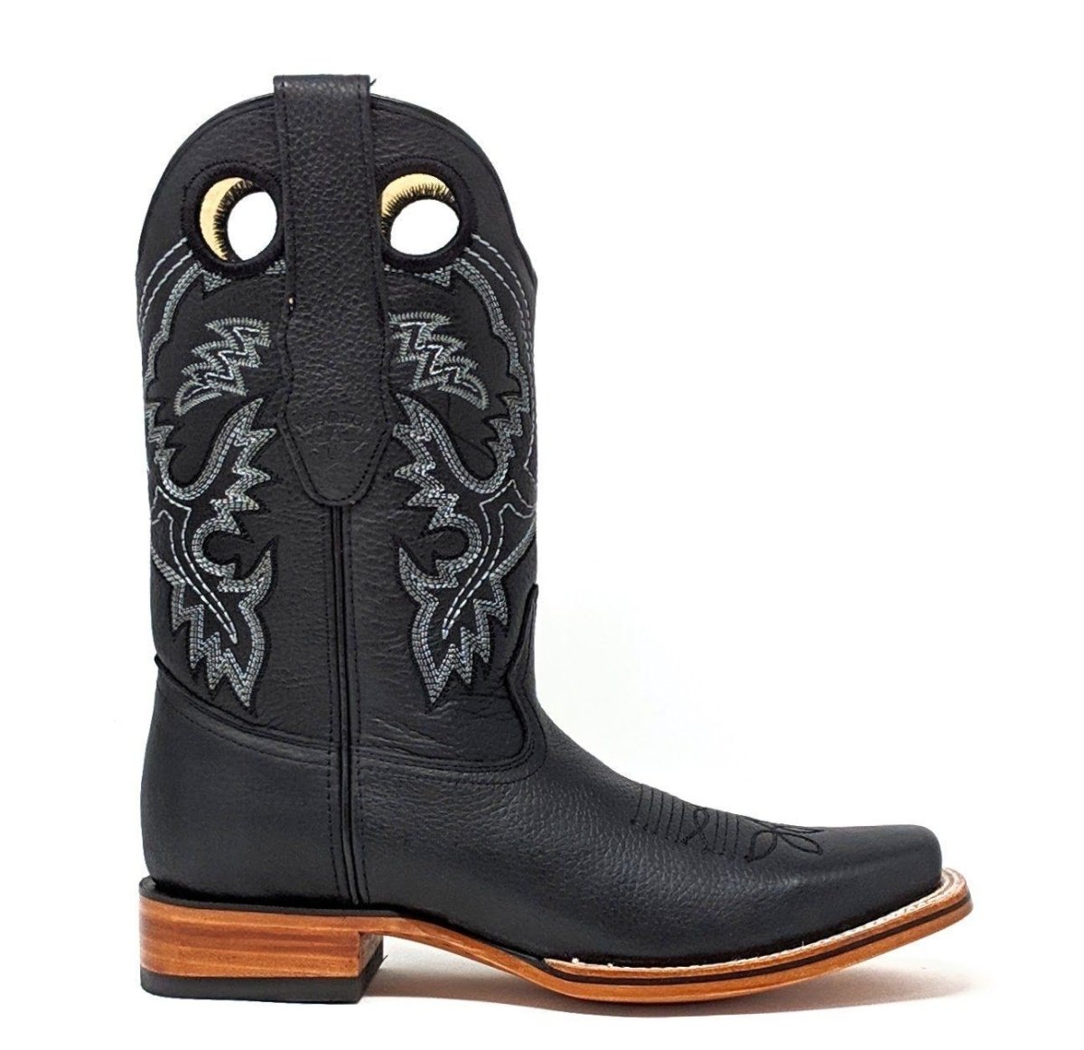 Western Genuine Leather Square Wide Toe Rodeo Boots Black Color – Los Altos Boots – Right Side View