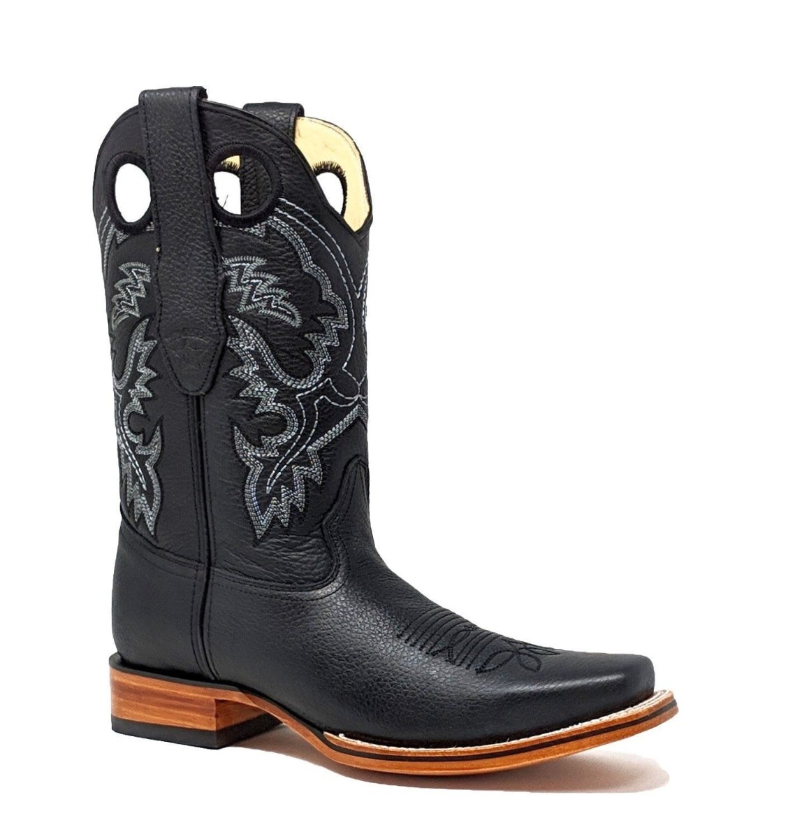Western Genuine Leather Square Wide Toe Rodeo Boots Black Color – Los Altos Boots – Side View