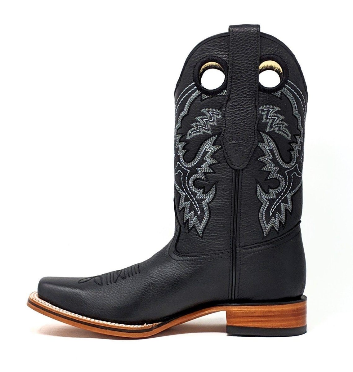Western Genuine Leather Square Wide Toe Rodeo Boots Black Color – Los Altos Boots – Left Side View