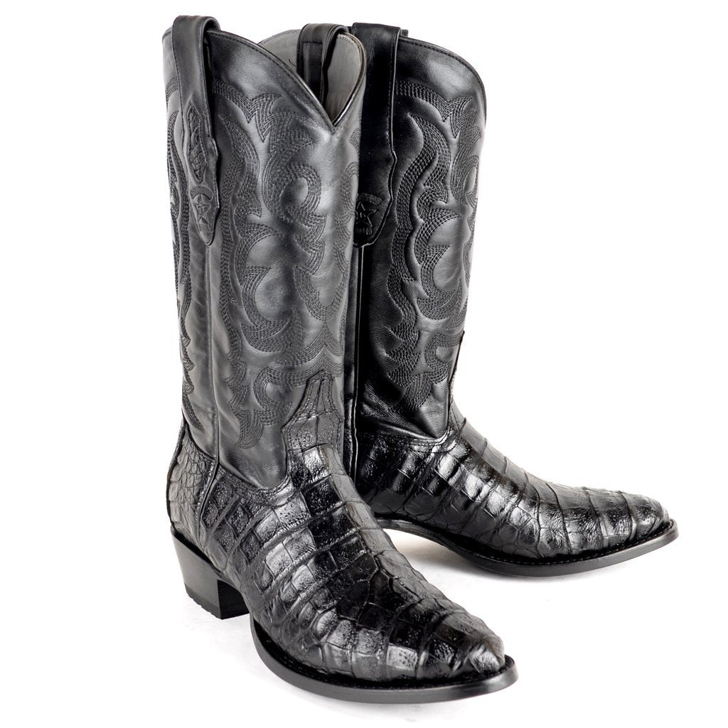 Men´s Western Genuine Caiman Belly Round Toe Boots Black Color - Los Altos Boots - Pair View