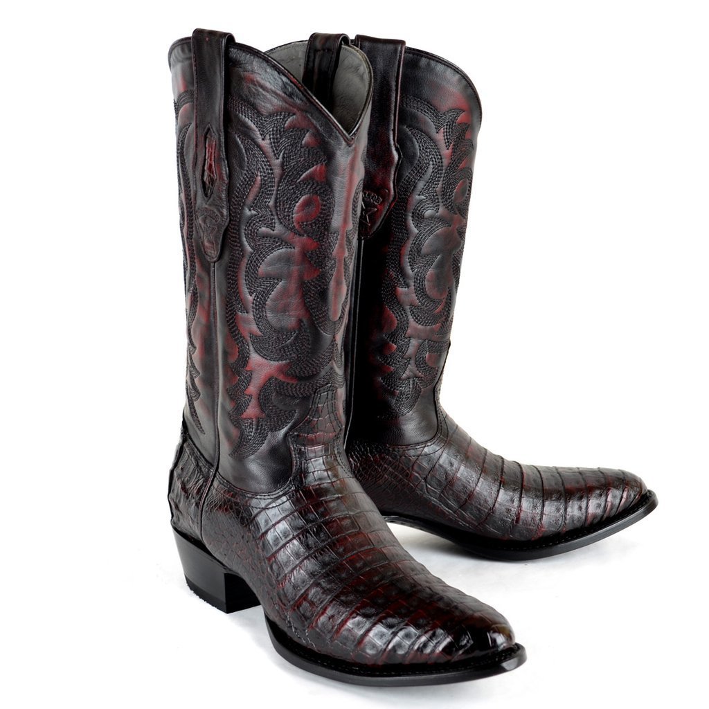 Men´s Western Genuine Caiman Belly Round Toe Boots Black Cherry Color - Los Altos Boots - Pair View
