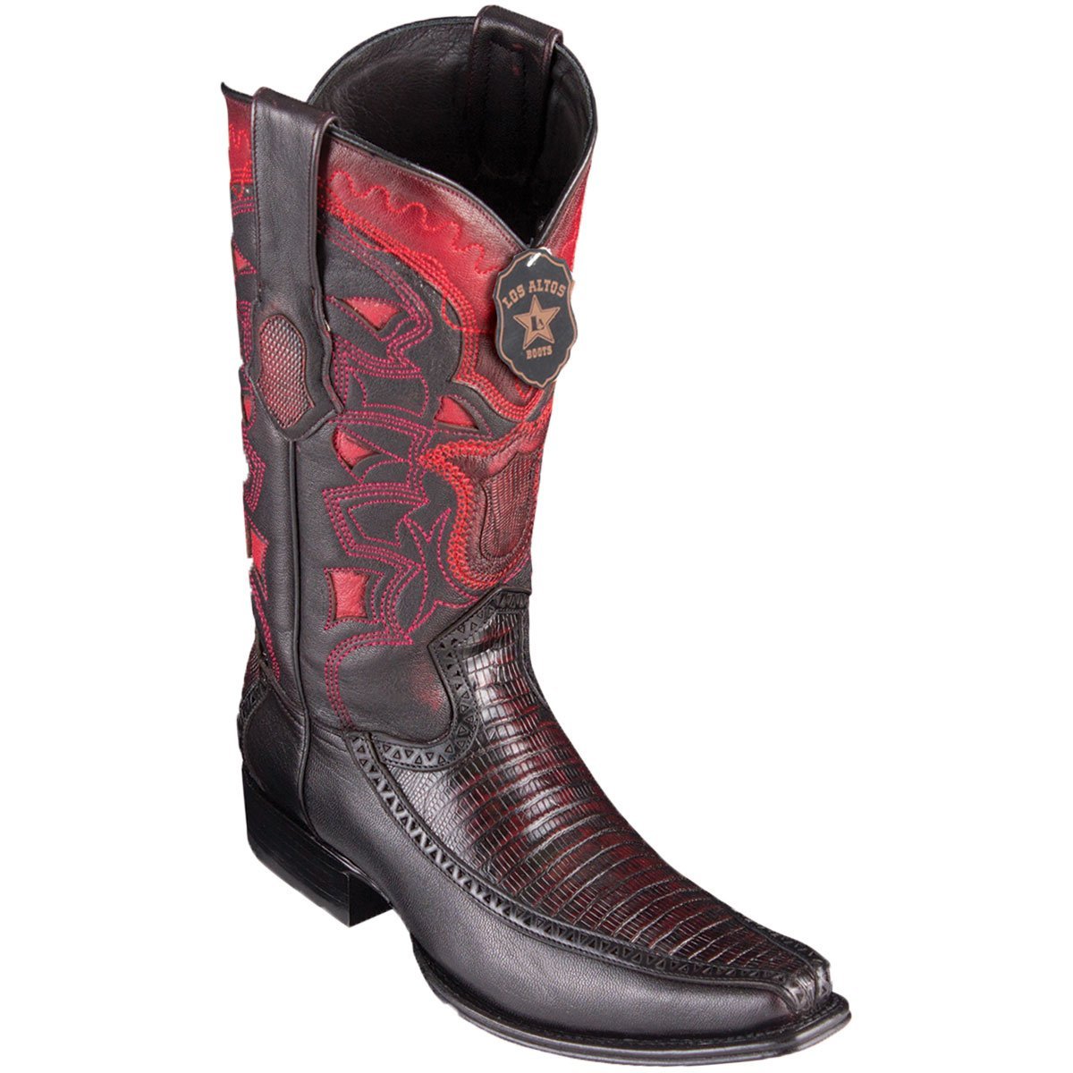 Western Genuine Teju Lizard & Deer European Square Toe Boots Black Cherry Color – Los Altos Boots – Side View