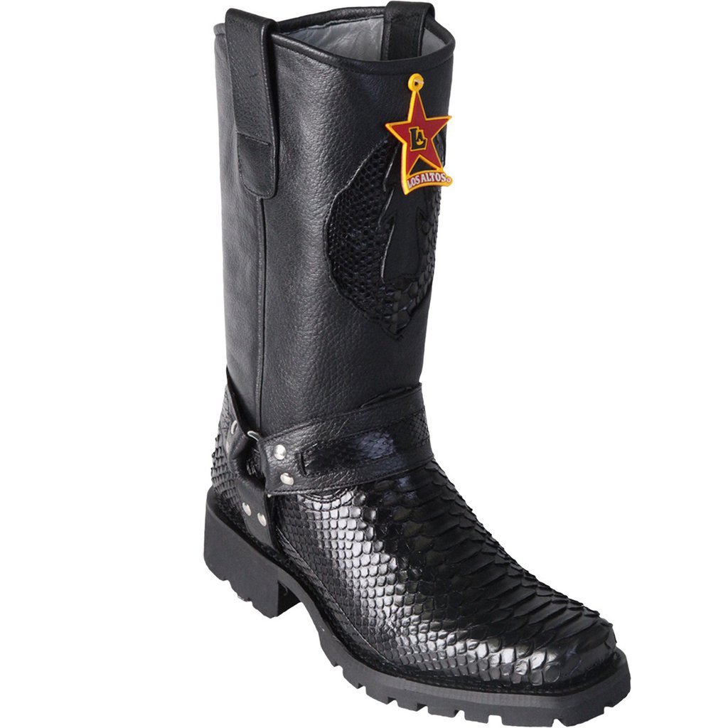 Genuine Python Square Toe Biker Boots Black Color – Los Altos Boots – Side View