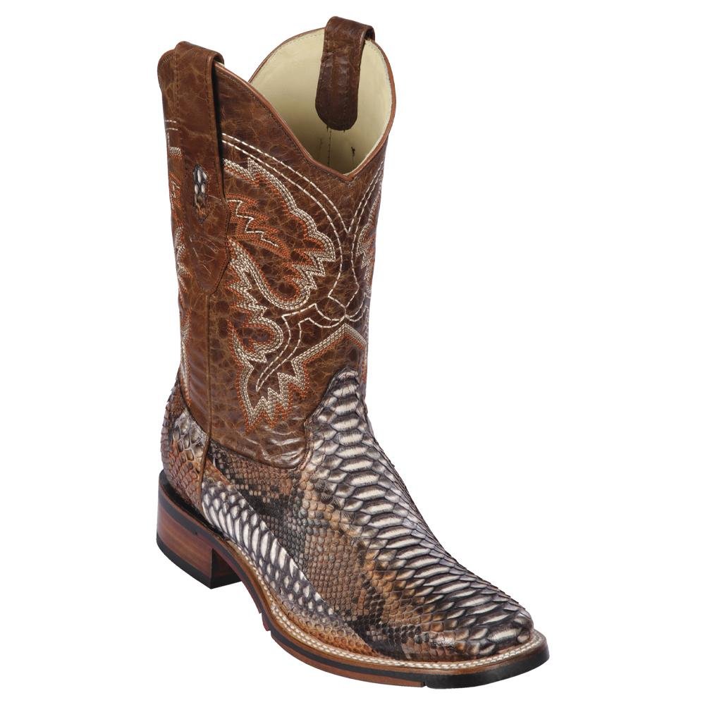 Western Genuine Python Wide Square Toe Boots Rustic Cognac Color Rubber TPU Sole - Los Altos Boots - Side View