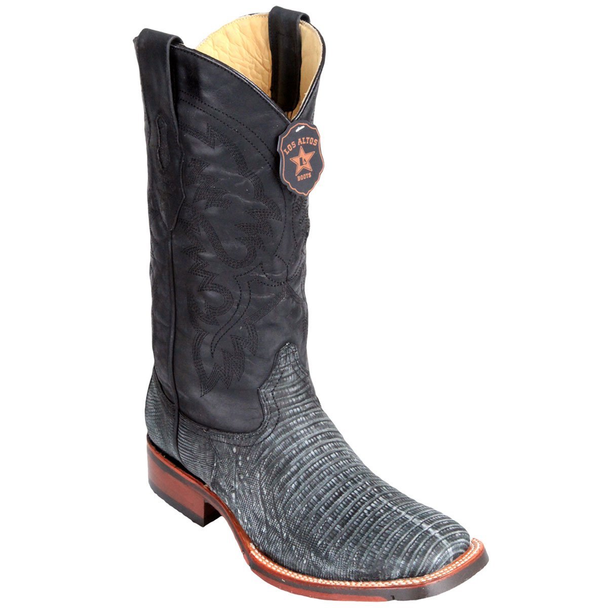 Western Genuine Teju Lizard Wide Square Toe Boots Sanded Black Color - Los Altos Boots Side View