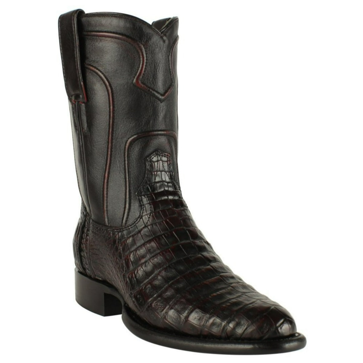 Botas de Cocodrilo Caiman Panza Punta Cuadrada Ancha Color Negro Rojizo - Los Altos Boots