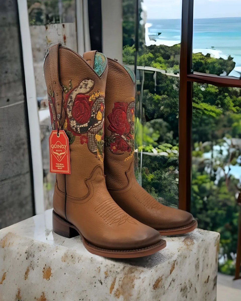 Botas Altas de Cuero con Flores para Mujer en Horma Rodeo Q322SF5251 - Quincy Boots