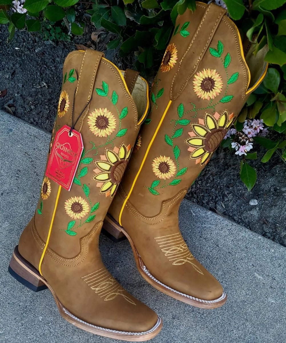 Botas Altas de Cuero con Girasoles para Mujer en Horma Rodeo Q322GL6251 - Quincy Boots