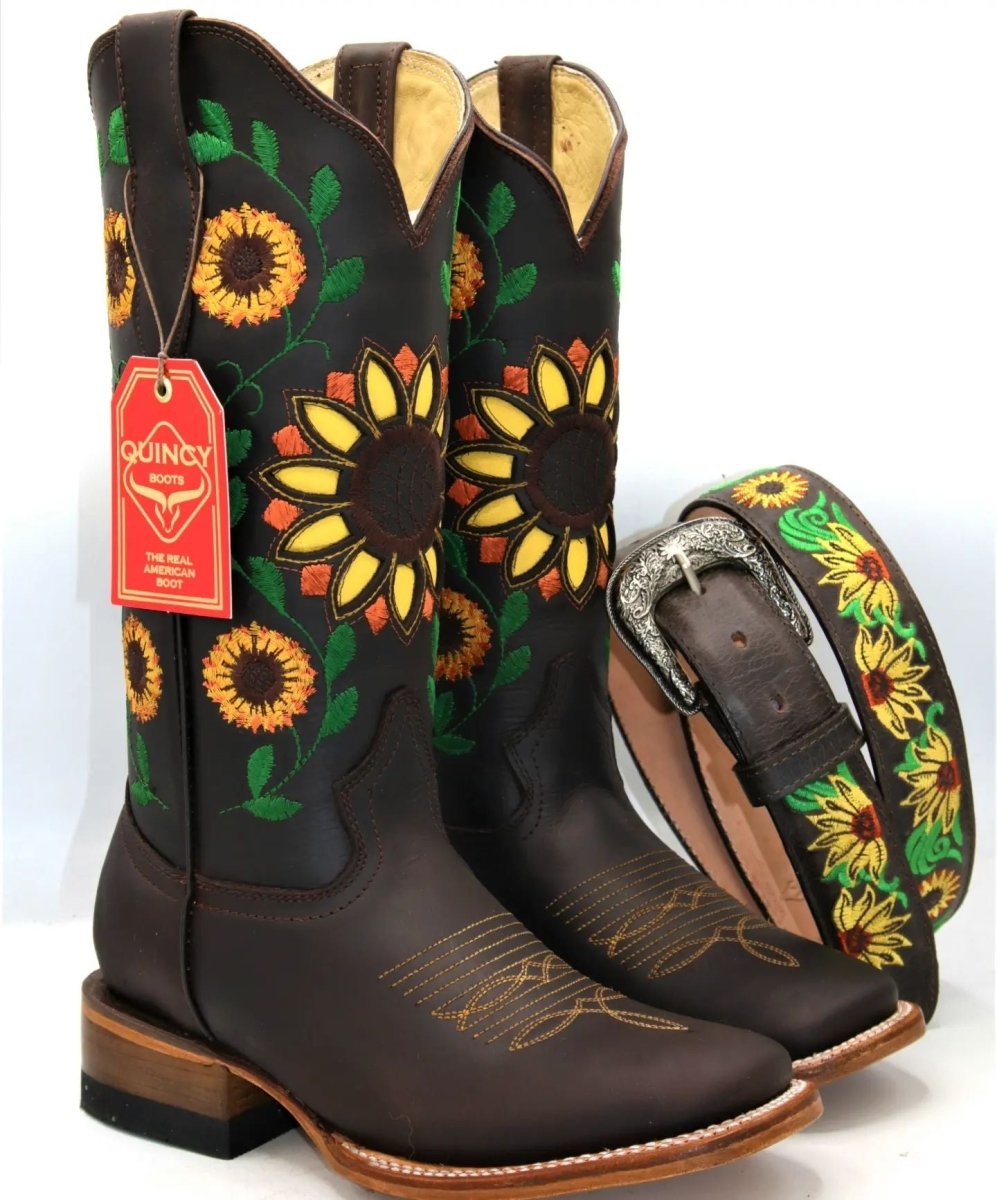 Botas Altas de Cuero con Girasoles para Mujer en Horma Rodeo Q322GL6294 - Quincy Boots