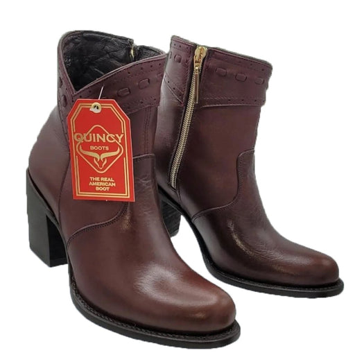 Botas Cortas de Piel de Borrego para Mujer en Horma Oval Color Vino Q39B1606 - Quincy Boots