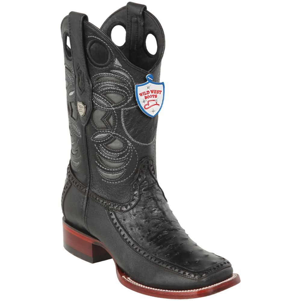 Genuine Ostrich and Deer Wide Square Toe Boots Black Color - Wild West Boots - Side View