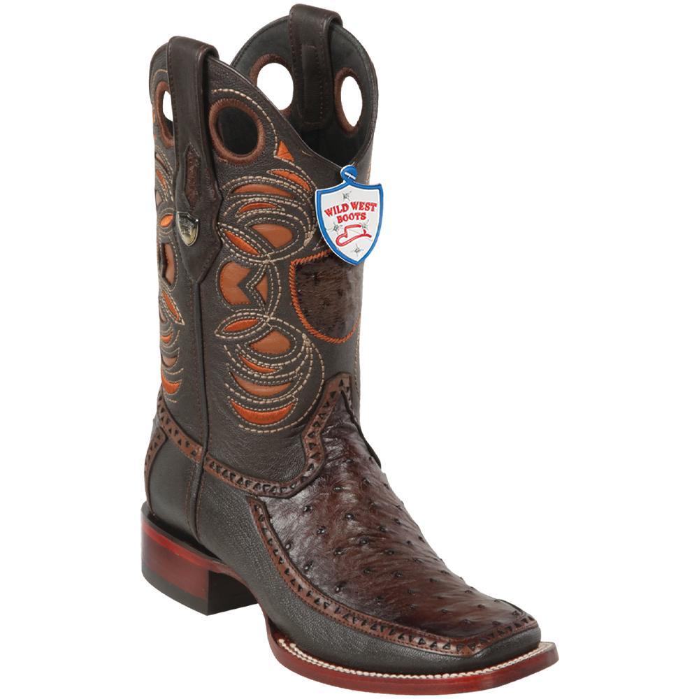 Genuine Ostrich and Deer Wide Square Toe Boots Faded Brown Color - Wild West Boots - Side View
