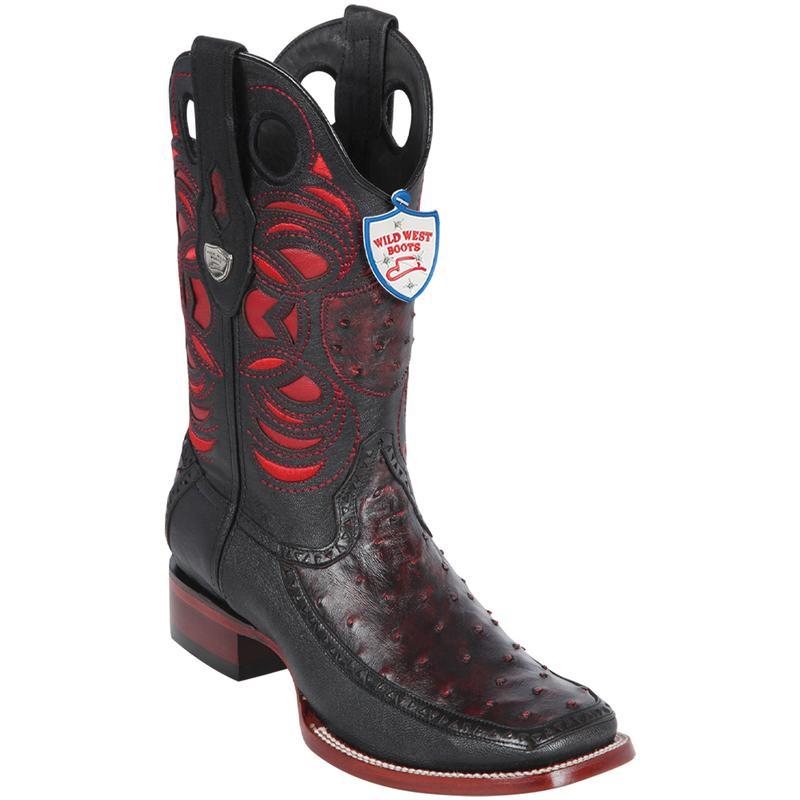 Genuine Ostrich and Deer Wide Square Toe Boots Black Cherry Color - Wild West Boots - Side View