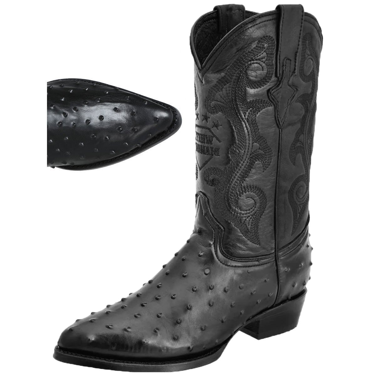 Botas de Avestruz Grabado con Horma Puntal 700 Color Negro WD-231 - White Diamonds Boots