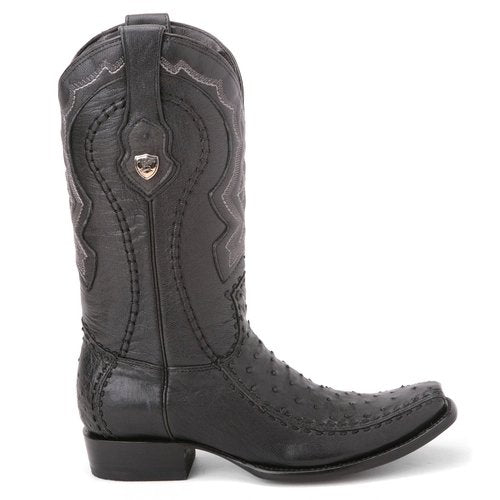 Western Genuine Ostrich and Deer Leather Square Dubai Toe Boots Black Color - Wild West Boots - Right Side View