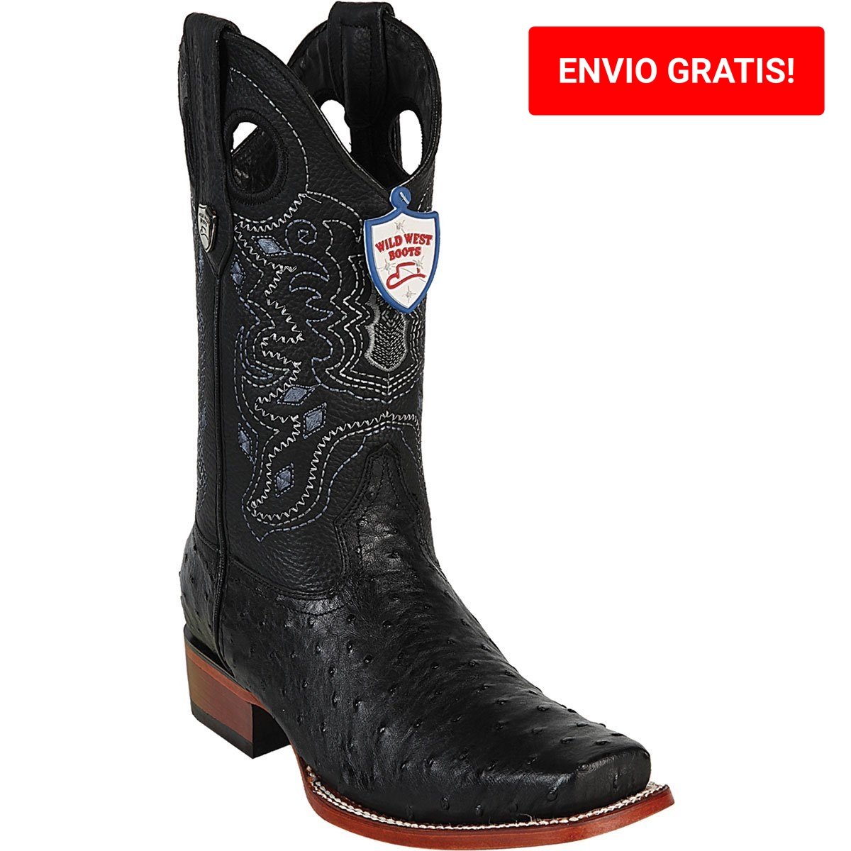 Western Genuine Ostrich Rodeo Toe Boots Black Color - Wild West Boots - Side view
