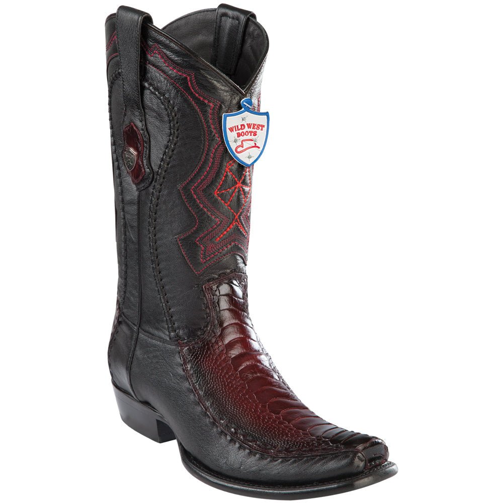 Western Genuine Ostrich Leg and Deer Dubai Square Toe Boots Faded Burgundy Color - Wild West Boots - Side View