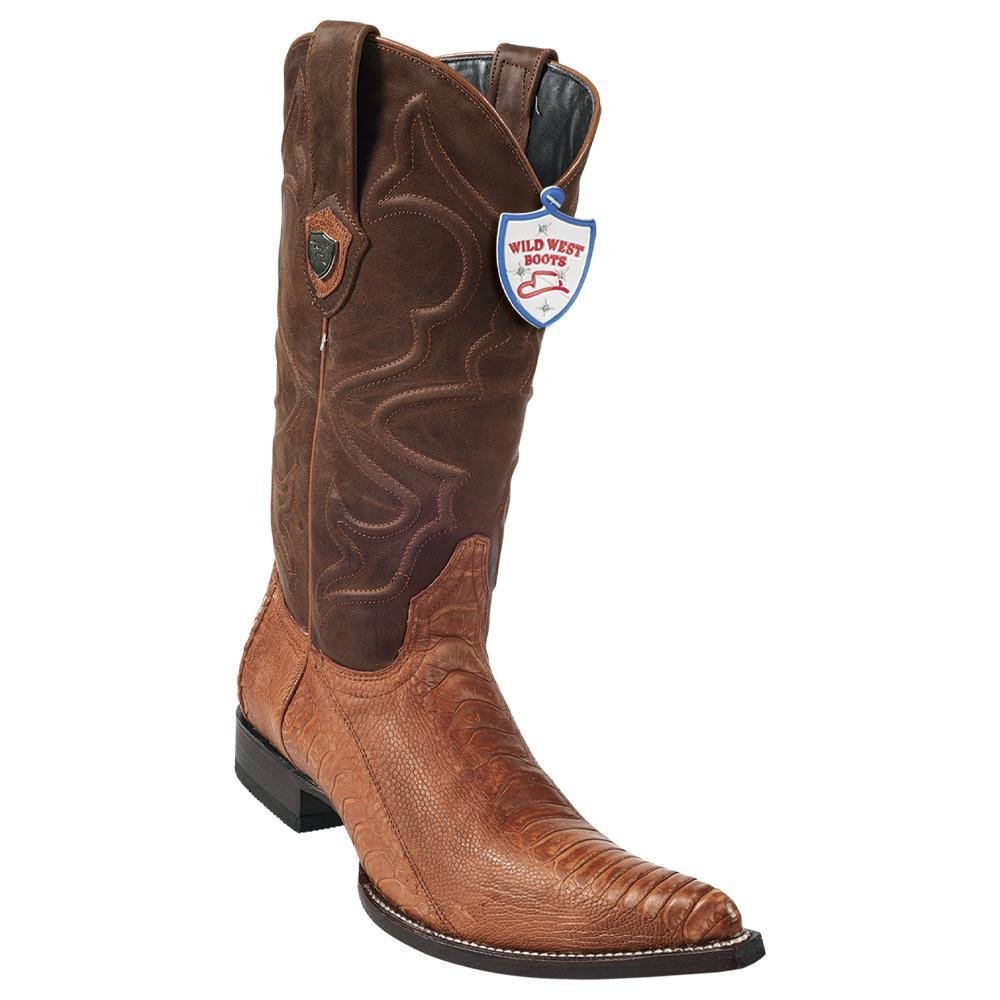Western Genuine Ostrich Leg 3X Toe Boots Cognac Greasy Finish Color - Wild West Boots - Side View