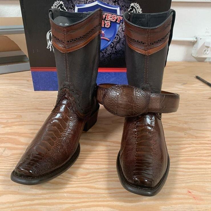 Original Ostrich Leg Boots Dubai Square Toe Faded Brown Color - Wild West Boots pair