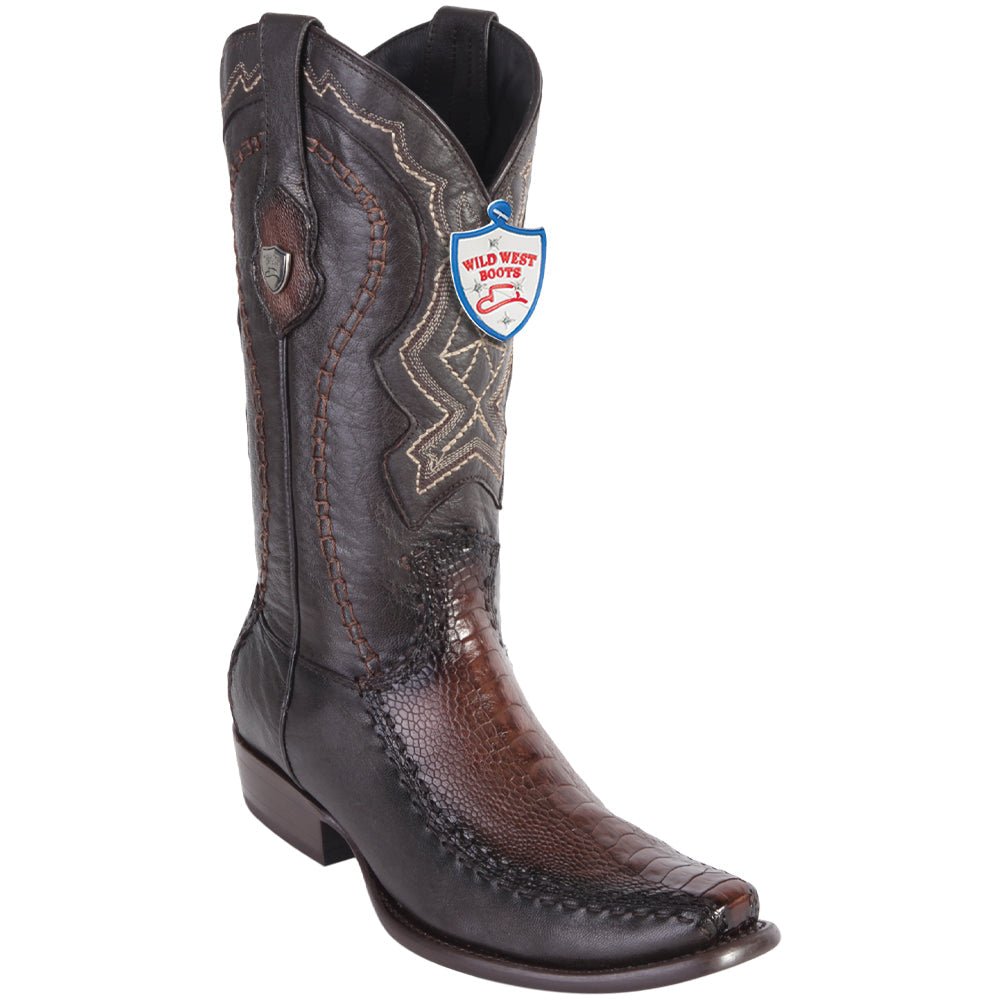 Western Genuine Ostrich Leg and Deer Dubai Square Toe Boots Faded Brown Color - Wild West Boots - Side View