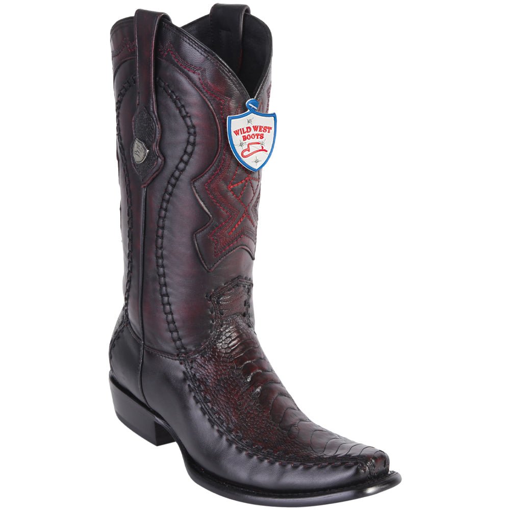 Western Genuine Ostrich Leg and Deer Dubai Square Toe Boots Black Cherry Color - Wild West Boots - Side View