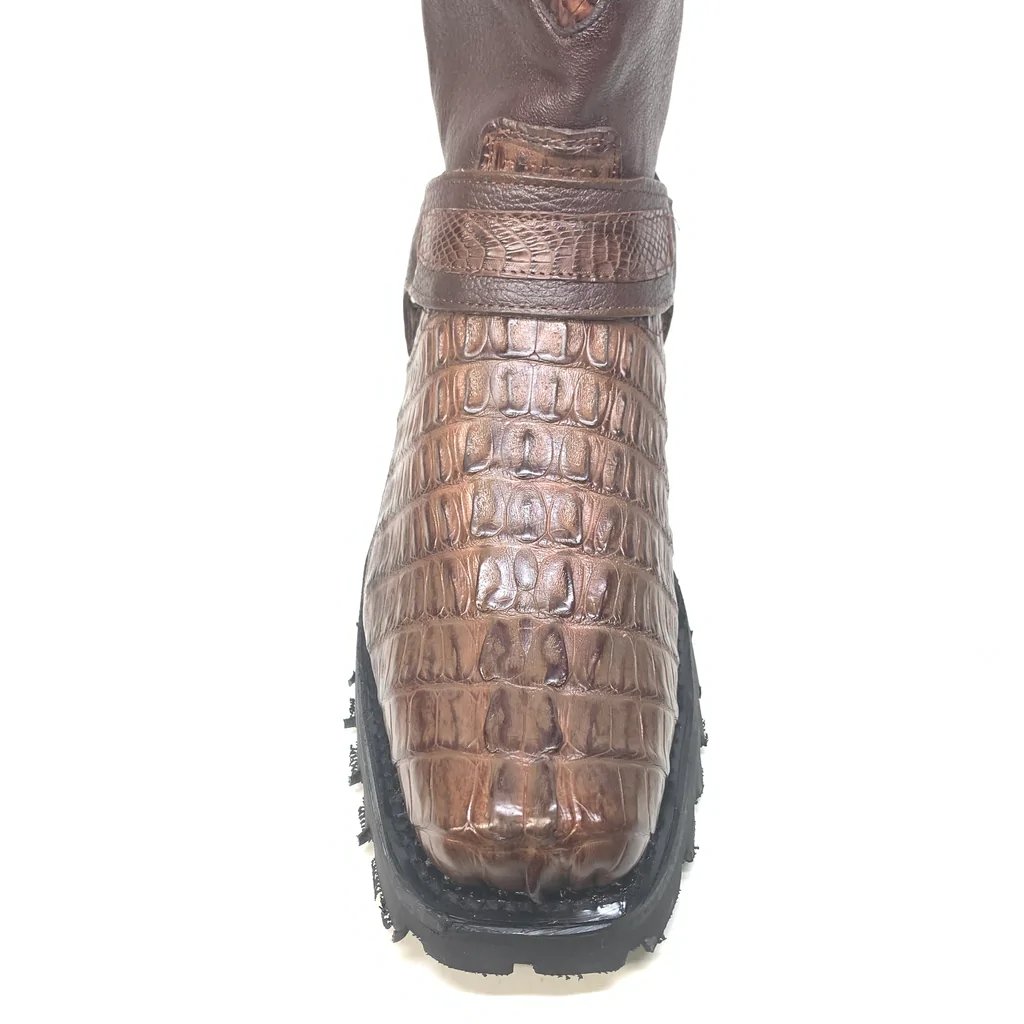 Genuine Caiman Crocodile Tail Square Toe Biker Boots Brown Color – Los Altos Boots – Toe View