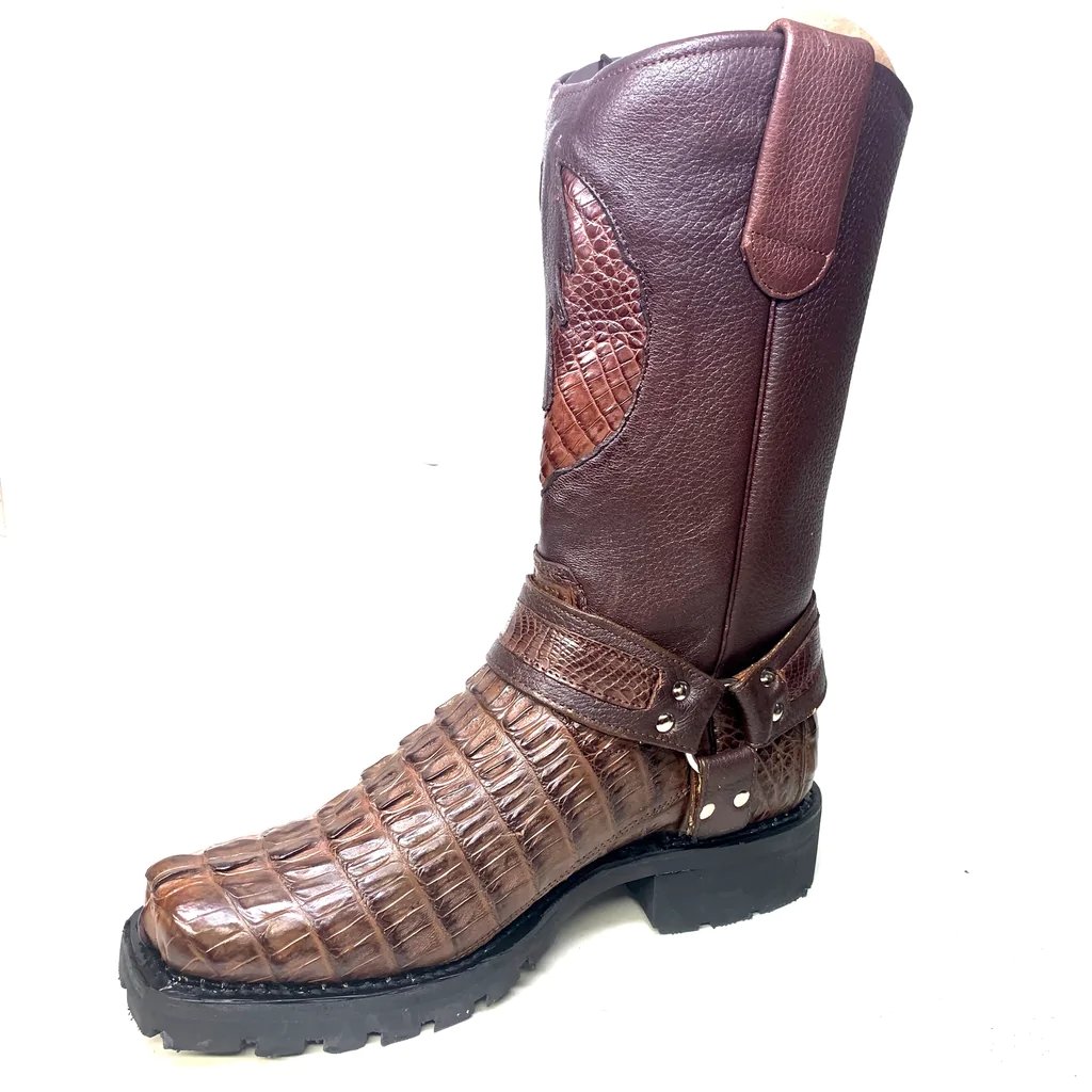 Genuine Caiman Crocodile Tail Square Toe Biker Boots Brown Color – Los Altos Boots – Side View