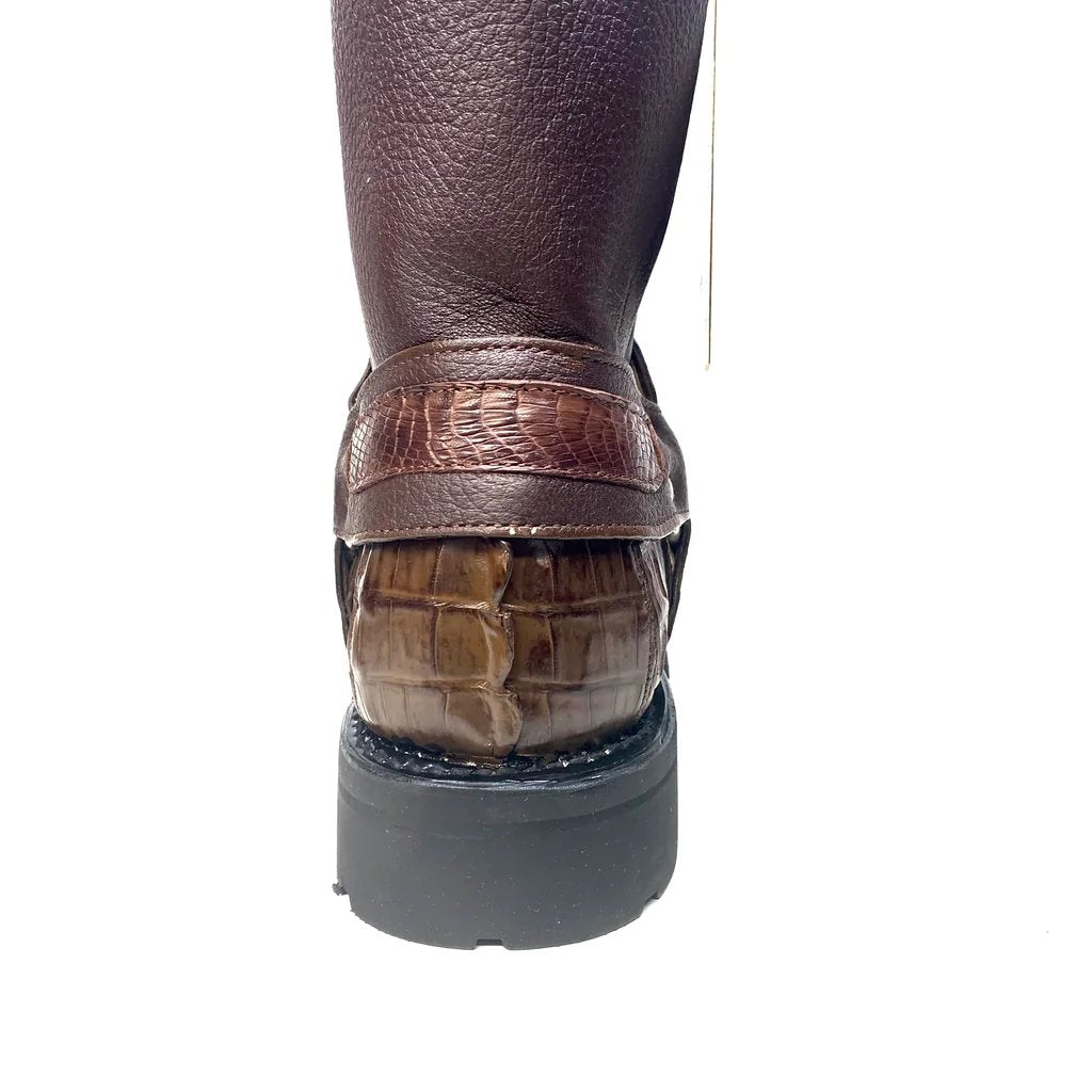 Genuine Caiman Crocodile Tail Square Toe Biker Boots Brown Color – Los Altos Boots – Back View