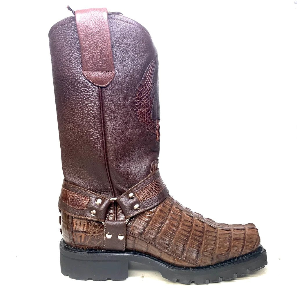 Genuine Caiman Crocodile Tail Square Toe Biker Boots Brown Color – Los Altos Boots – Right Side View