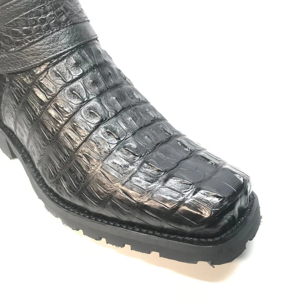 Genuine Caiman Crocodile Tail Square Toe Biker Boots Black Color – Los Altos Boots – Toe View