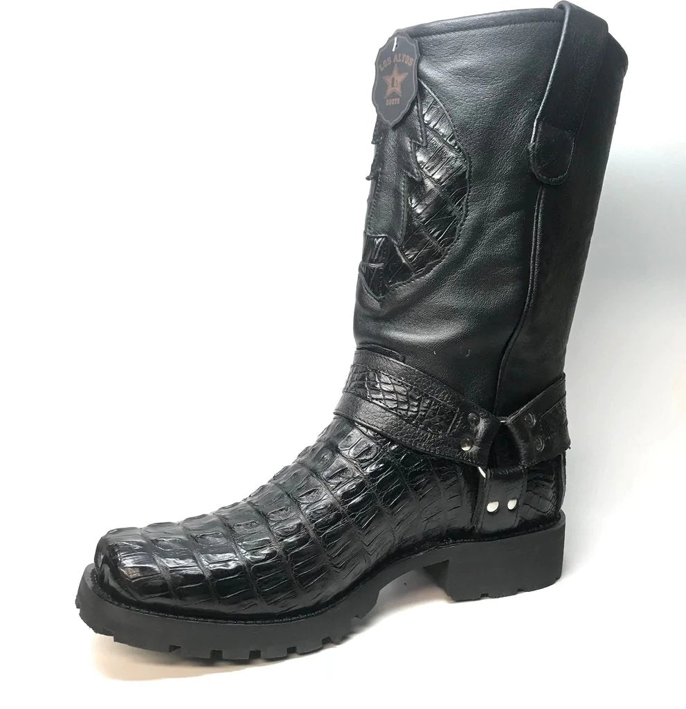 Genuine Caiman Crocodile Tail Square Toe Biker Boots Black Color – Los Altos Boots – Side View