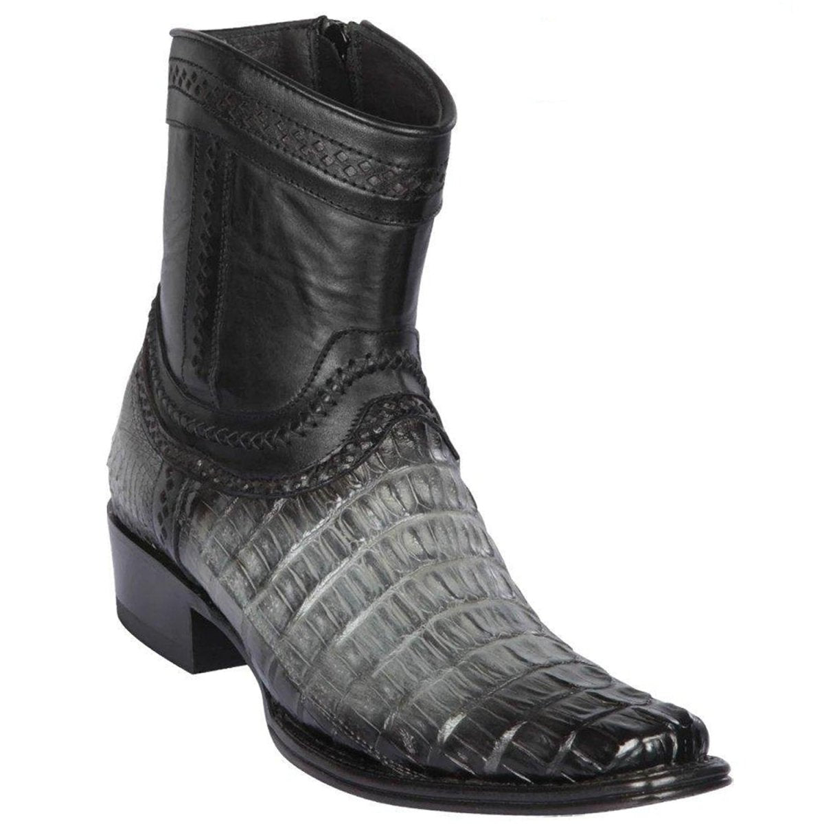 Western Genuine Crocodile Caiman Tail European Square Toe Short Boots Faded Gray Color – Los Altos Boots – Side View