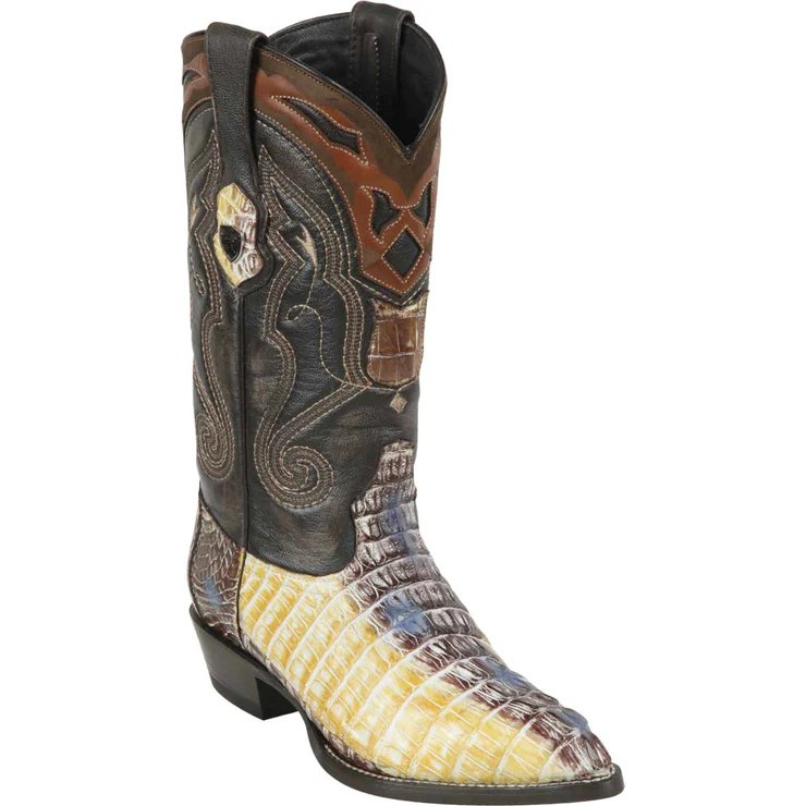 Western Men's Original Natural Caiman Cocodrile Tail Pointed Toe Boot - Wild West Boots - Side View