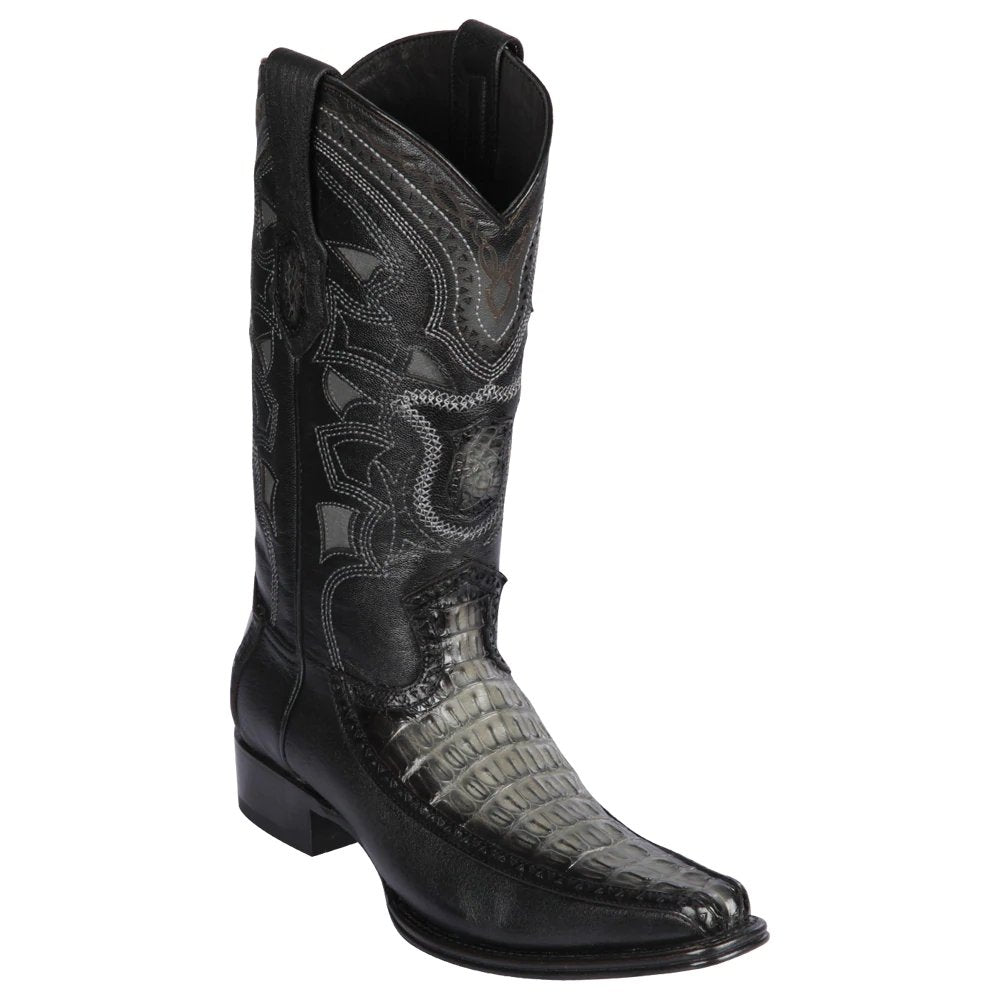 Western Genuine Caiman Tail & Deer European Square Toe Boots Faded Gray Color – Los Altos Boots – Side View