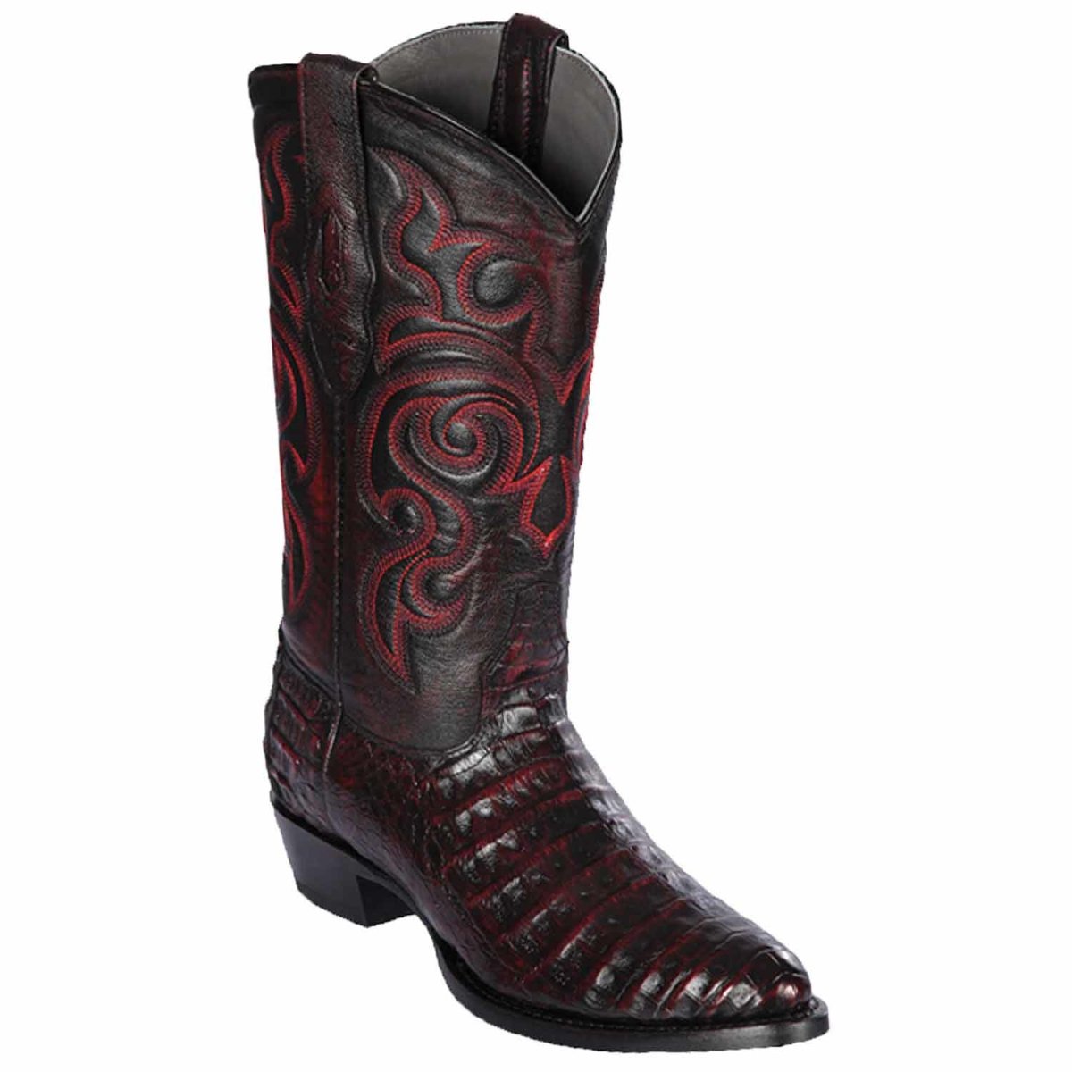 Men´s Western Genuine Caiman Belly Round Toe Boots Black Cherry Color - Los Altos Boots - Side View