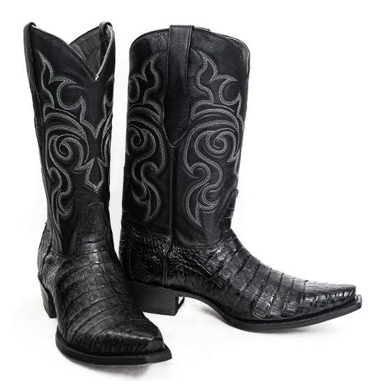 Original Caiman Belly Crocodile Western Boots with Snip Toe in Black - Los Altos Boots - Pair View