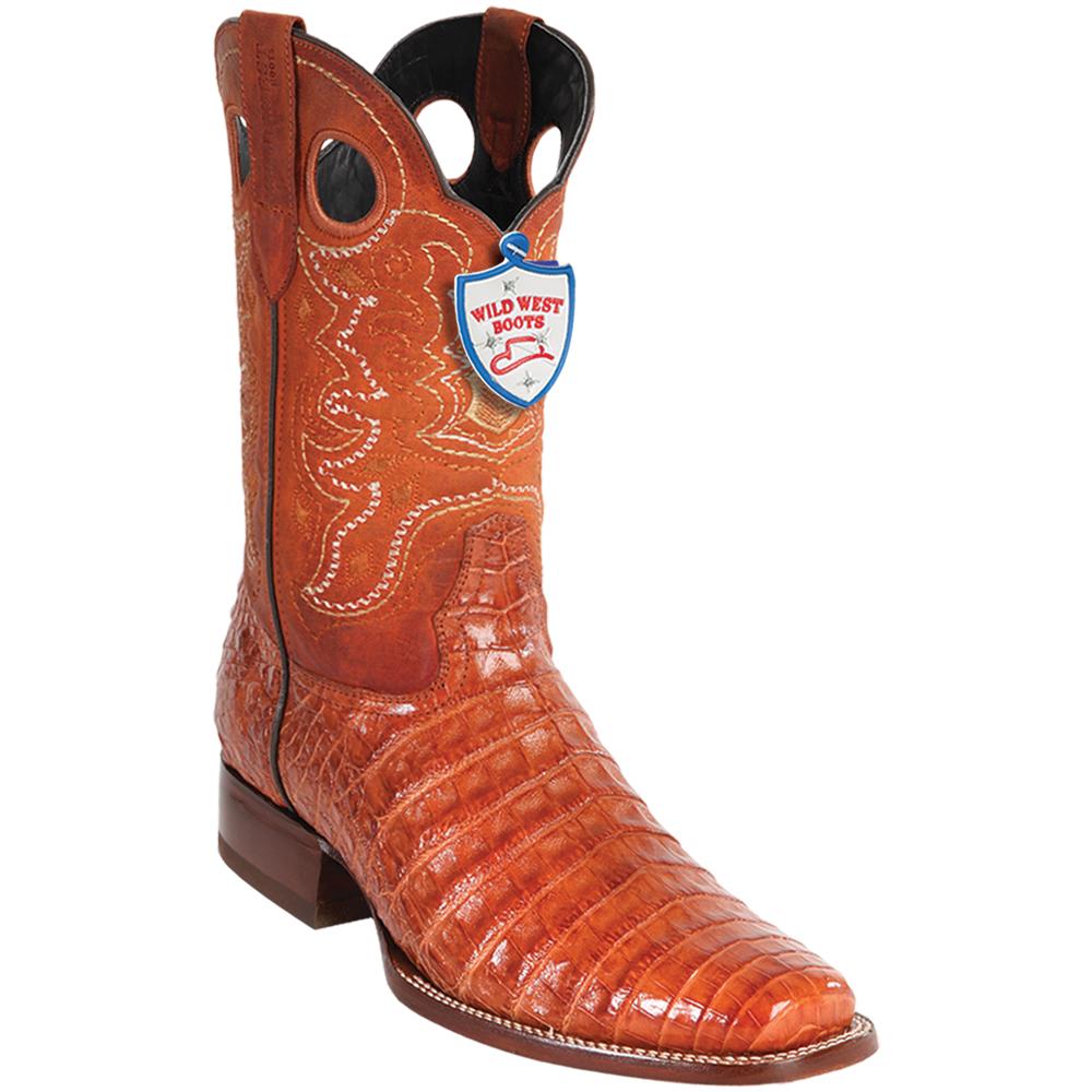 Western Genuine Caiman Belly Square Toe Boots Cognac Color - Wild West boots - Side View