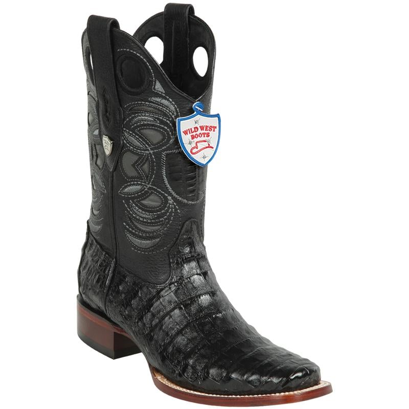 Western Genuine Caiman Belly Square Toe Boots Black Color - Wild West boots - Side View