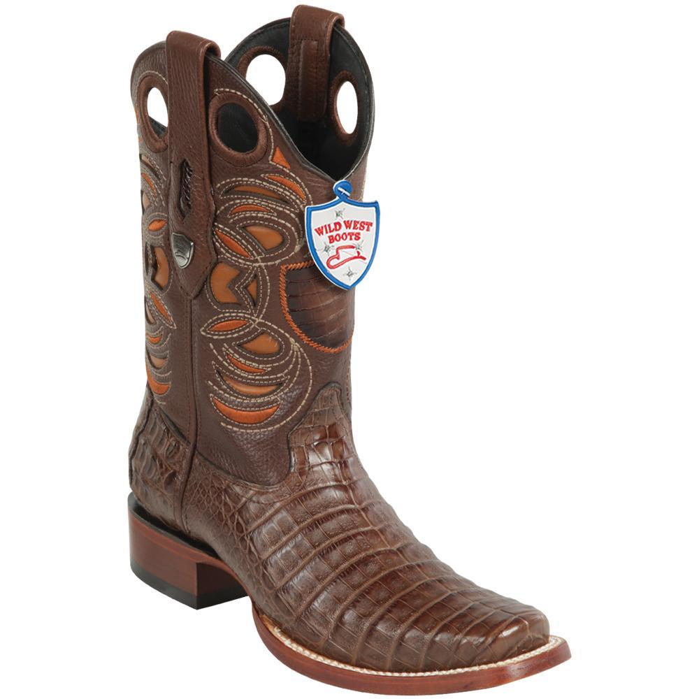 Western Genuine Caiman Belly Square Toe Boots Brown Color - Wild West boots - Side View