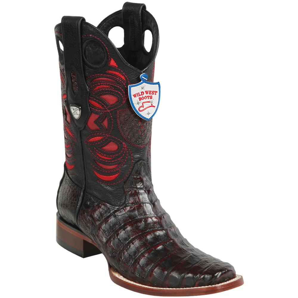 Western Genuine Caiman Belly Square Toe Boots Black Cherry Color - Wild West boots - Side View